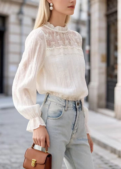 Unique Apricot Lace Nail Bead Patchwork Cotton Blouses Flare Sleeve