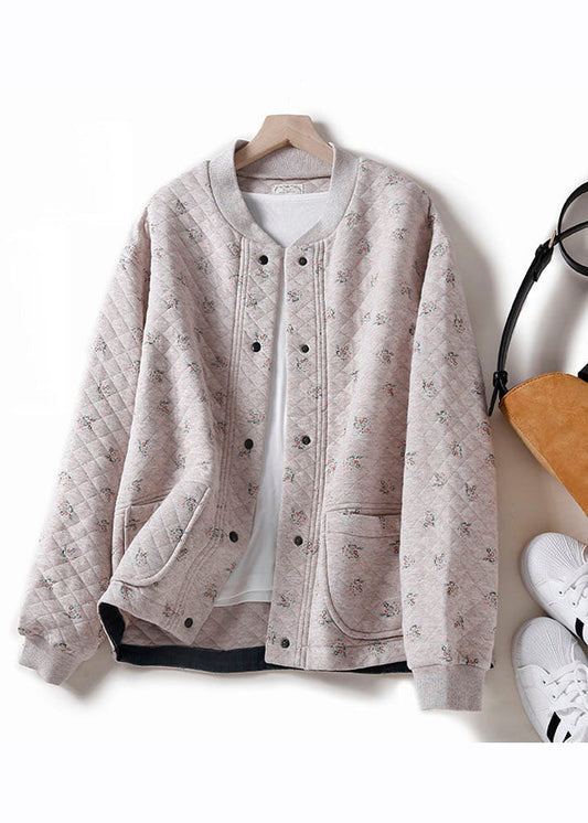 Unique Apricot O-neck Print Button Pockets Thick Cotton Coats Winter