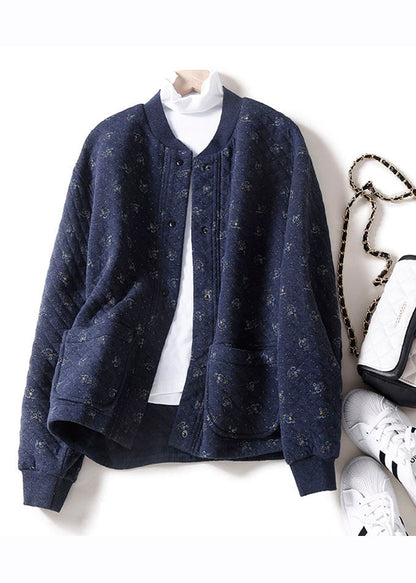 Unique Apricot O-neck Print Button Pockets Thick Cotton Coats Winter