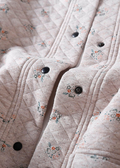 Unique Apricot O-neck Print Button Pockets Thick Cotton Coats Winter
