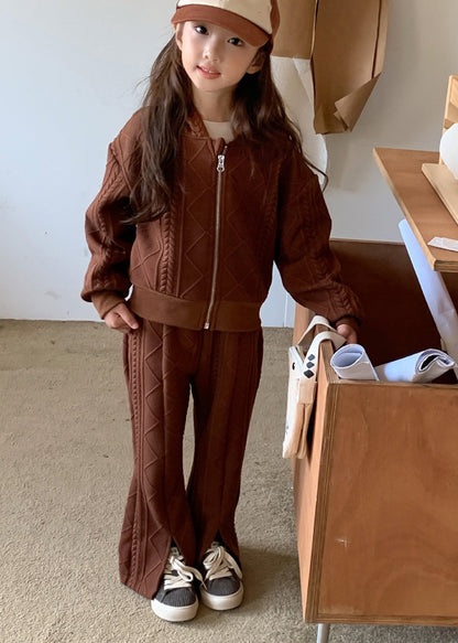 Unique Apricot Cotton Knit Kids Hooded Coats and Flared Trousers Two Piece Set Spring