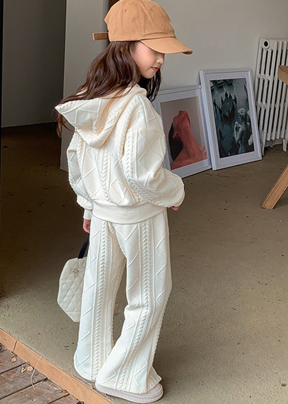Unique Apricot Cotton Knit Kids Hooded Coats and Flared Trousers Two Piece Set Spring