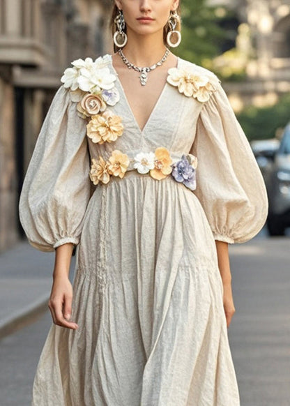 Unique Apricot V Neck Three-dimensional Cotton Dress Spring