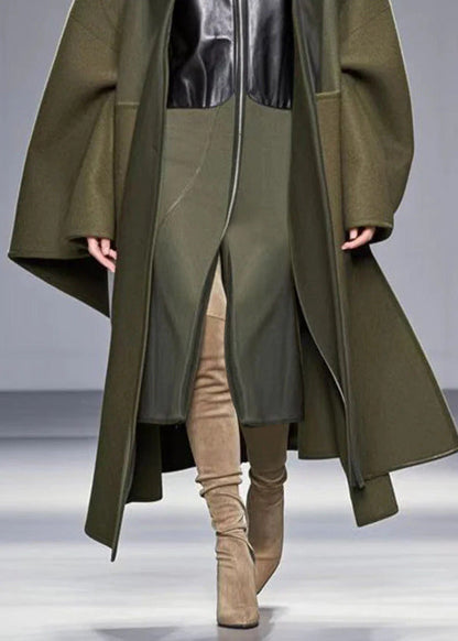 Unique Army Green Patchwork Woolen Fake Coat Trench Fall