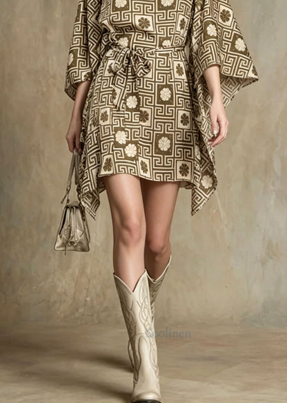Unique Asymmetrical Design Geometric Print Lace Up Dress Batwing Sleeve