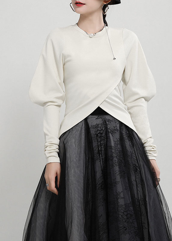 Unique Beige Asymmetrical Cross Color Cotton Pullover Tops Fall