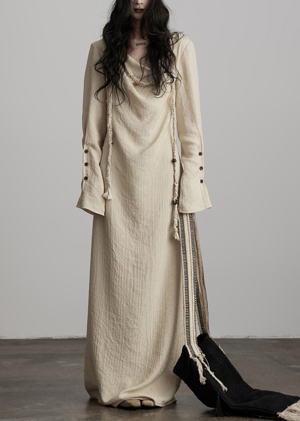 Unique Beige Button Lace Up Cotton Maxi Dress Spring