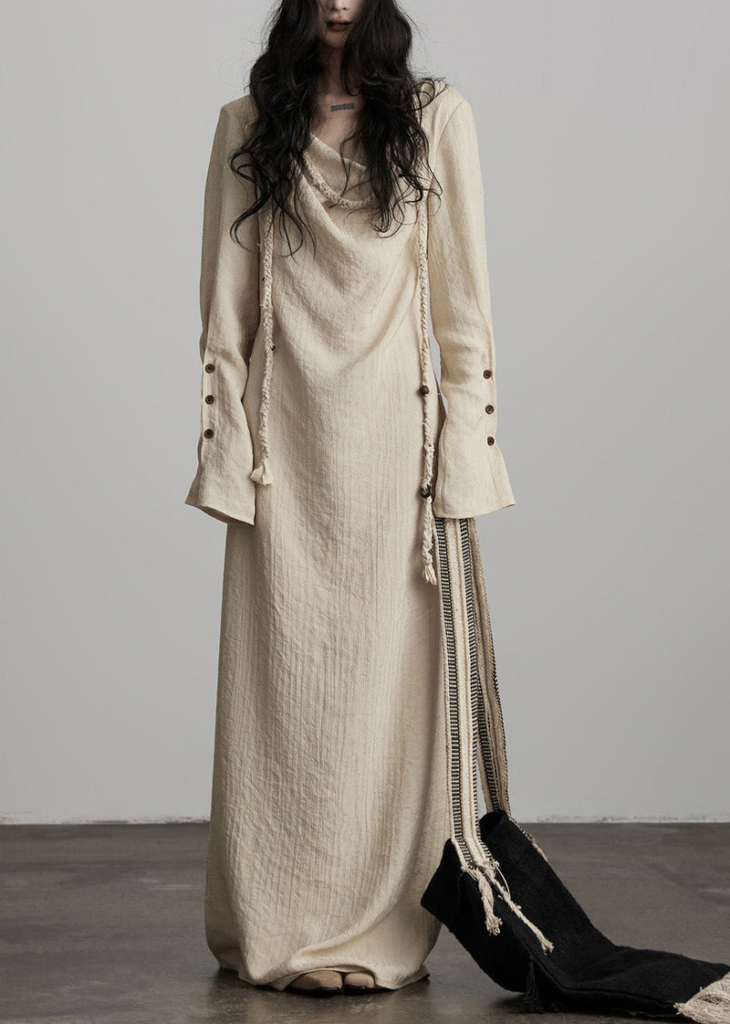 Unique Beige Button Lace Up Cotton Maxi Dress Spring