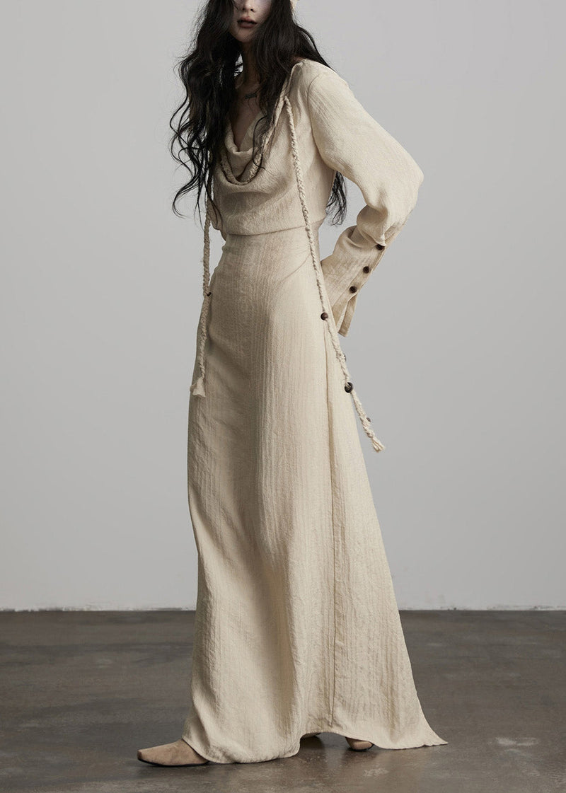 Unique Beige Button Lace Up Cotton Maxi Dress Spring