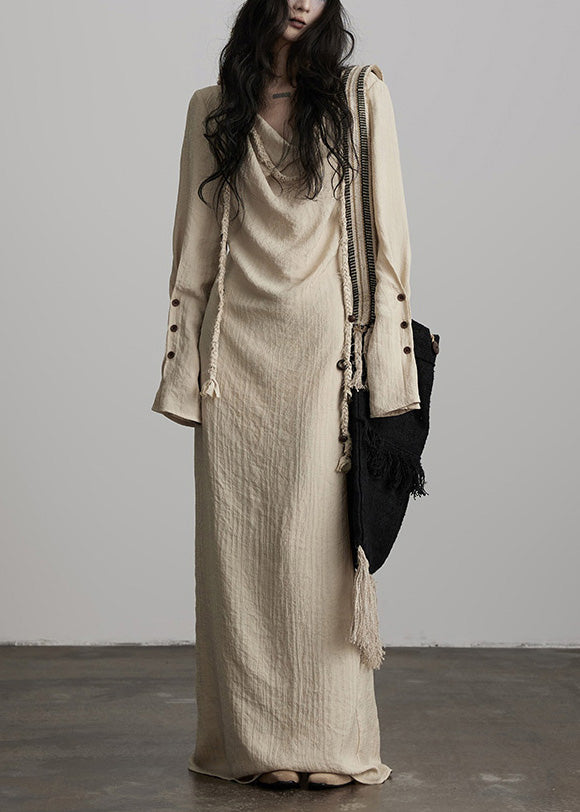 Unique Beige Button Lace Up Cotton Maxi Dress Spring
