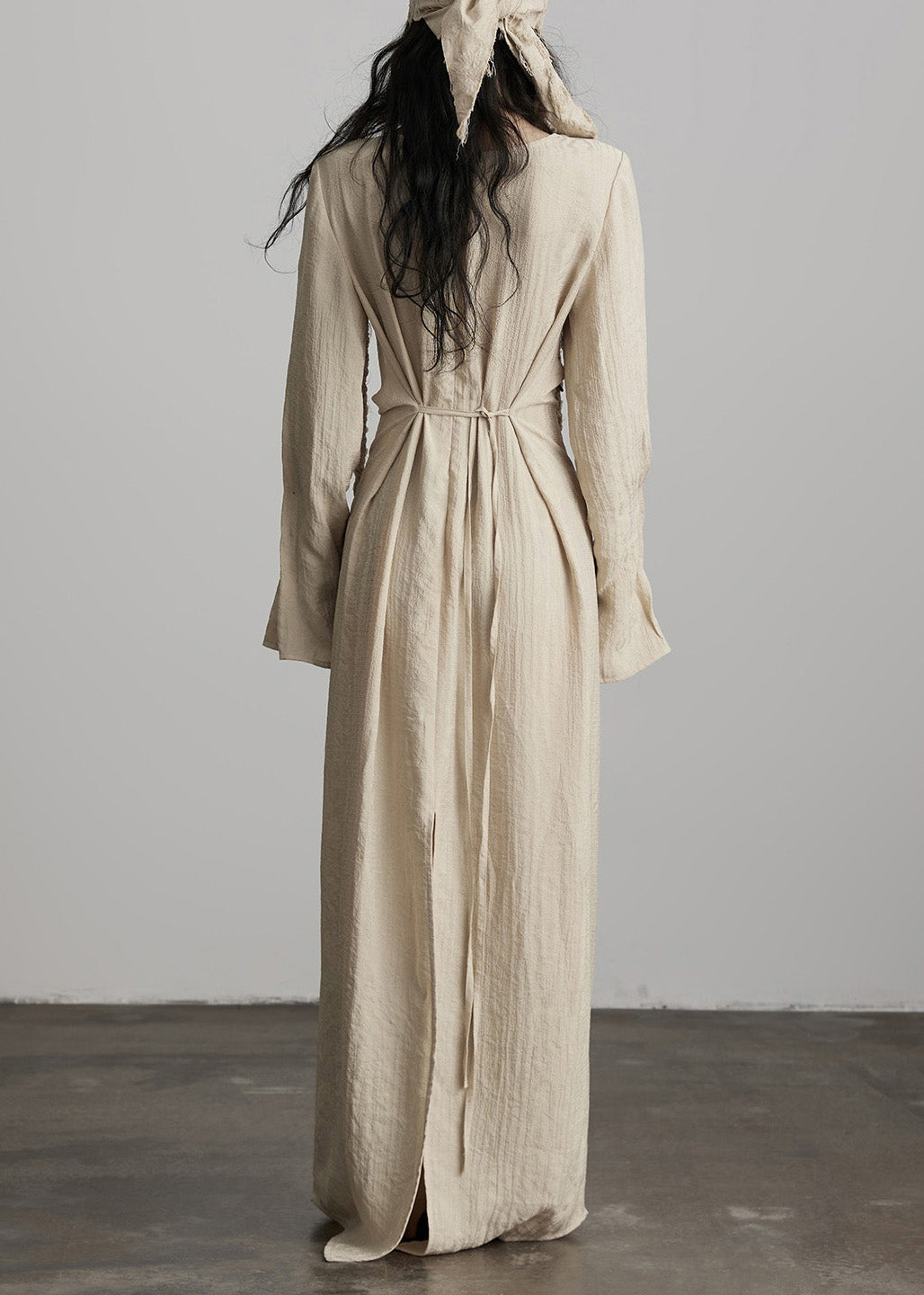 Unique Beige Button Lace Up Cotton Maxi Dress Spring