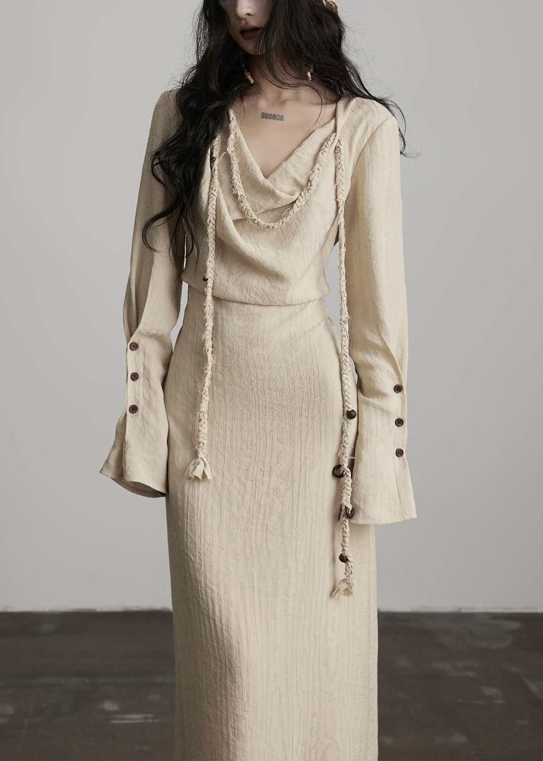 Unique Beige Button Lace Up Cotton Maxi Dress Spring