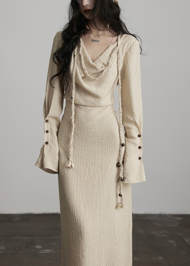 Unique Beige Button Lace Up Cotton Maxi Dress Spring
