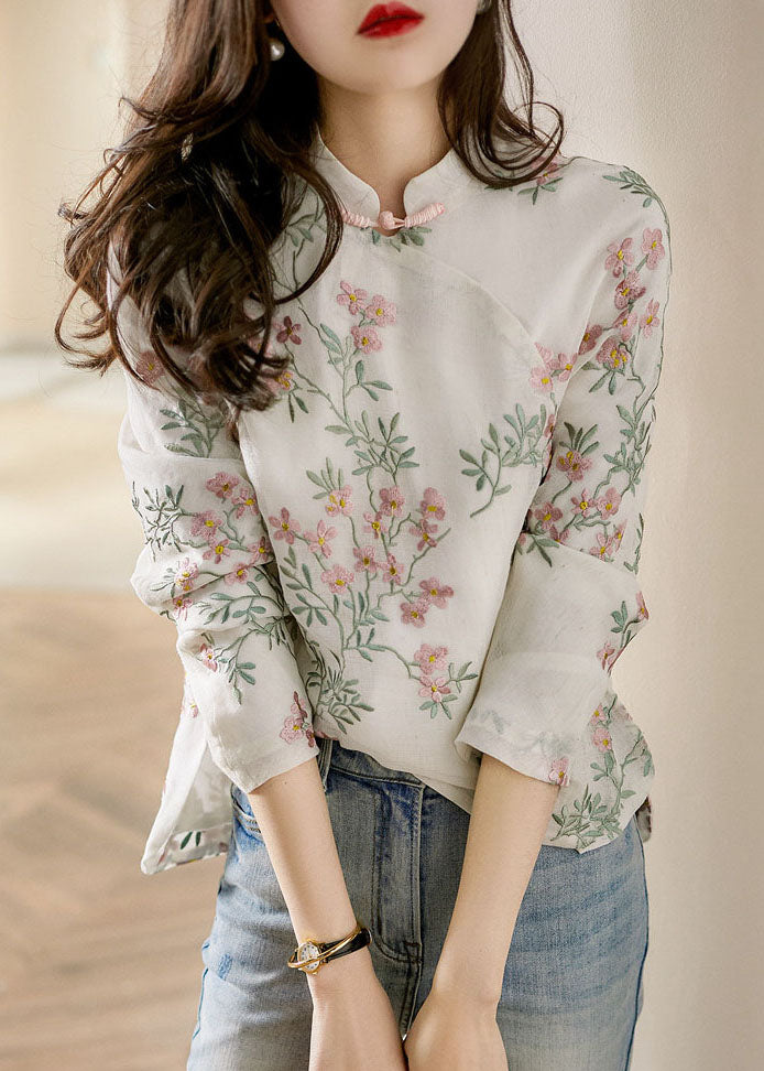 Unique Beige-flower Print Linen Blouses Spring