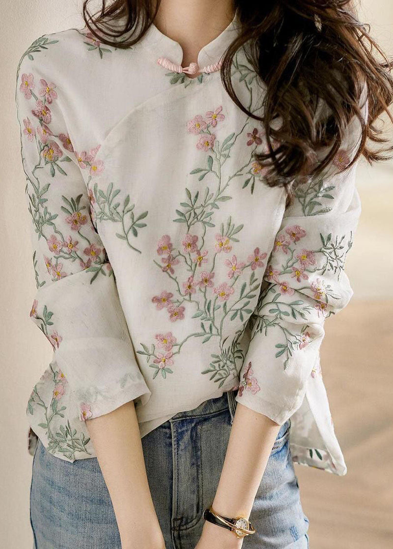 Unique Purple Flower Print Linen Blouses Spring