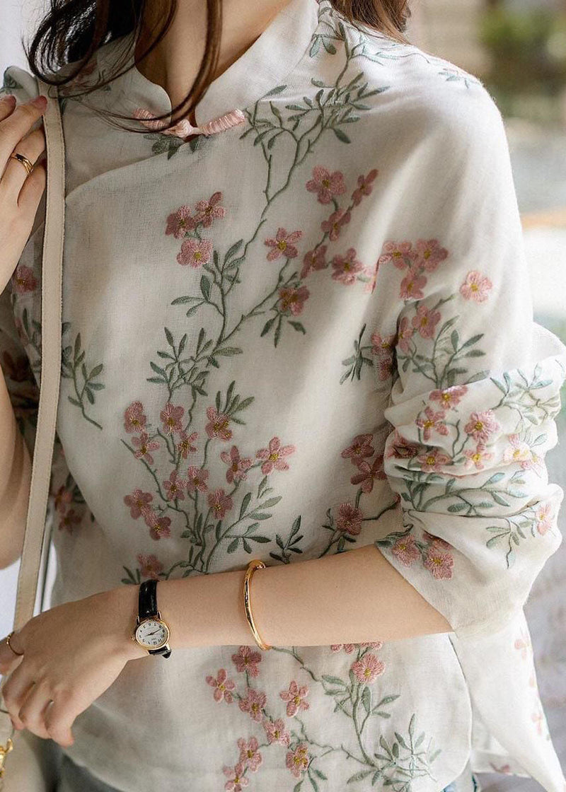 Unique Bamboo Pattern Print Linen Blouses Spring