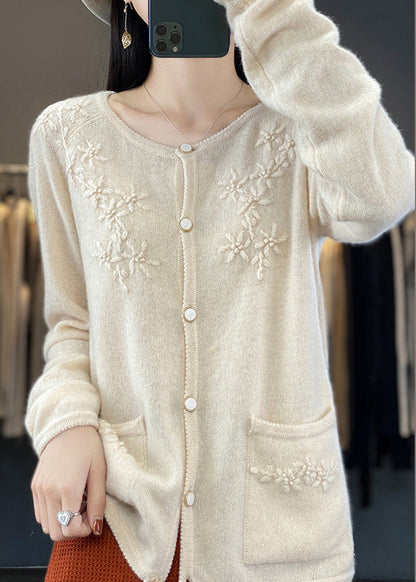 Unique Beige Button Cashmere Knit Cardigan Long Sleeve