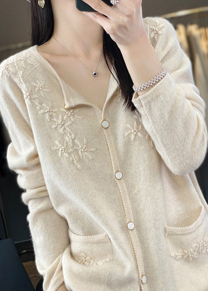 Unique Beige Button Cashmere Knit Cardigan Long Sleeve