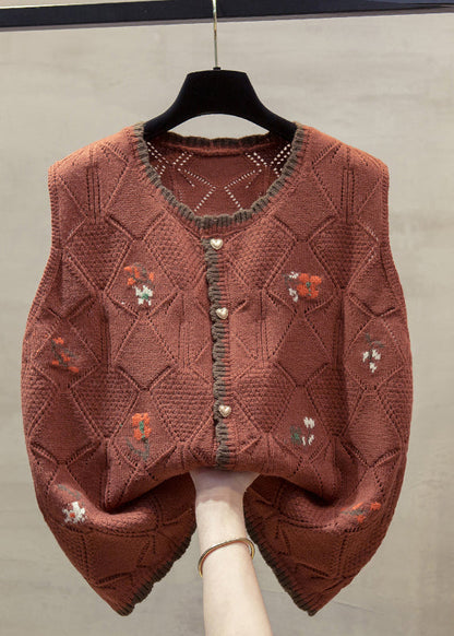 Unique Beige O-neck Embroidered Cotton Knit Waistcoat Fall