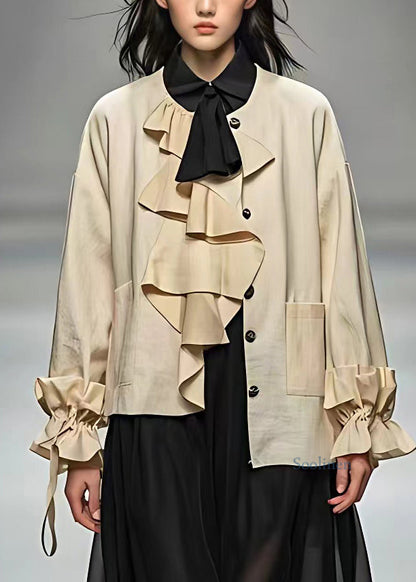 Unique Beige O-neck Pockets Patchwork Coat Long Sleeve