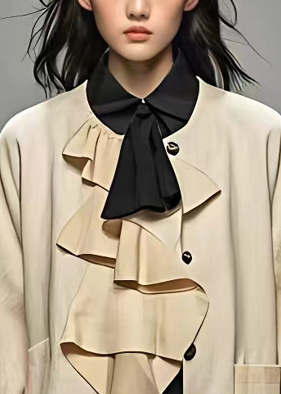 Unique Beige O-neck Pockets Patchwork Coat Long Sleeve