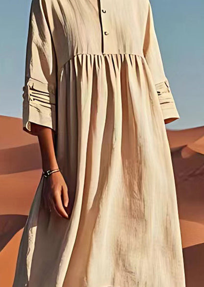 Unique Beige O Neck Wrinkled Linen Dress Summer