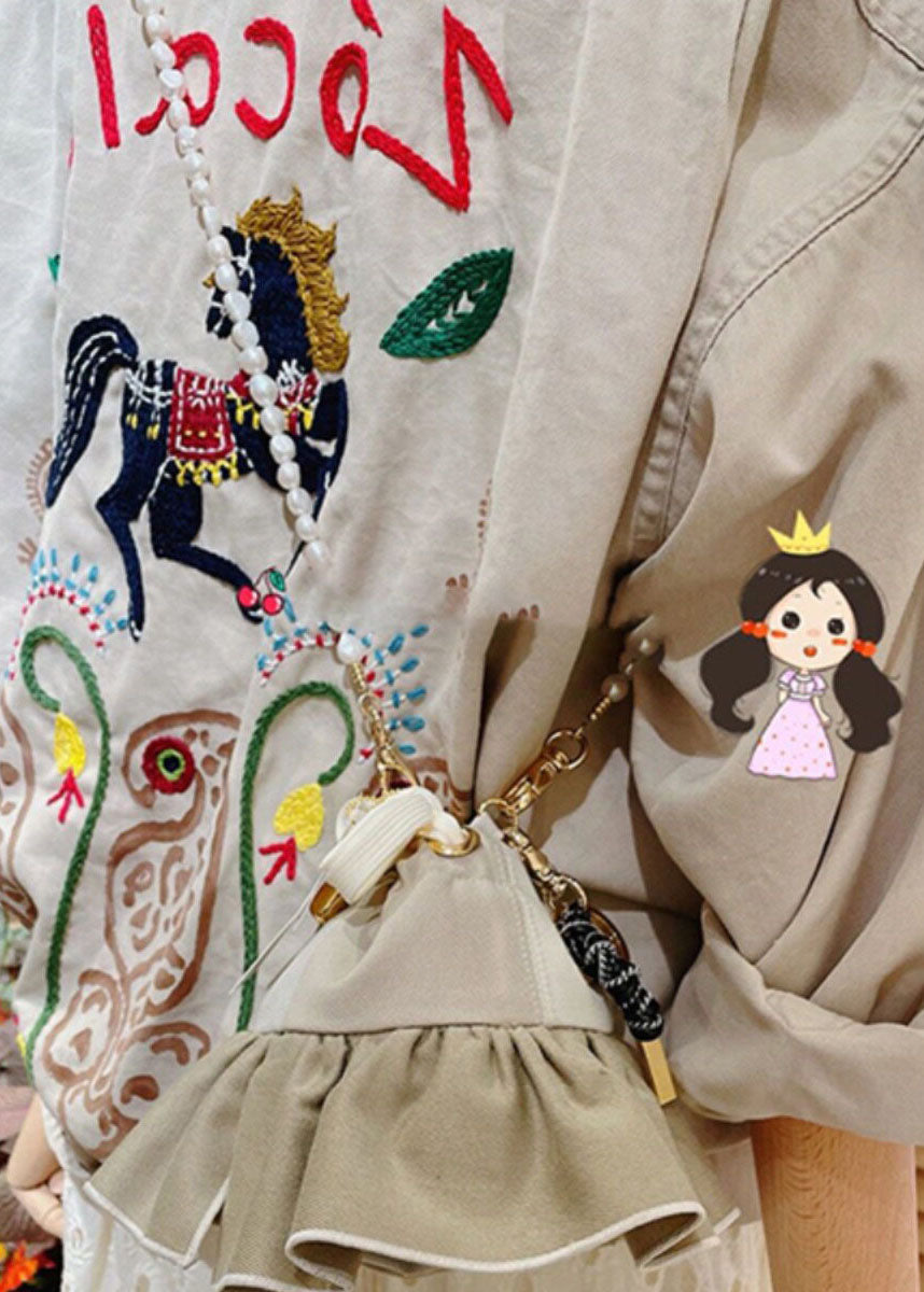 Unique Beige Peter Pan Collar Embroidered Cotton Jacket Spring