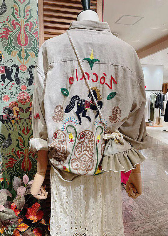 Unique Beige Peter Pan Collar Embroidered Cotton Jacket Spring