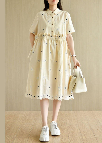 Unique Beige Yellow Peterpan Collar Button Embroideried Summer Cotton Vacation Dresses