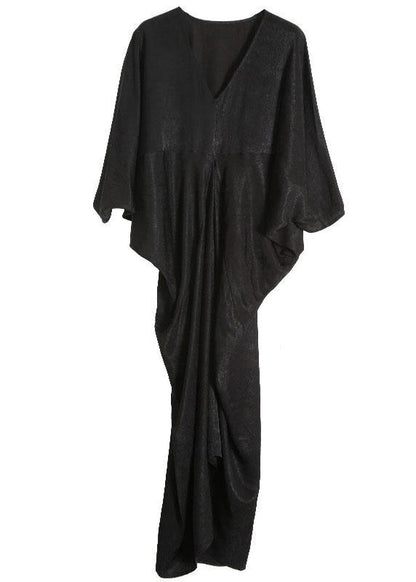 Unique Black Asymmetric V Neck Silk Party Dresses