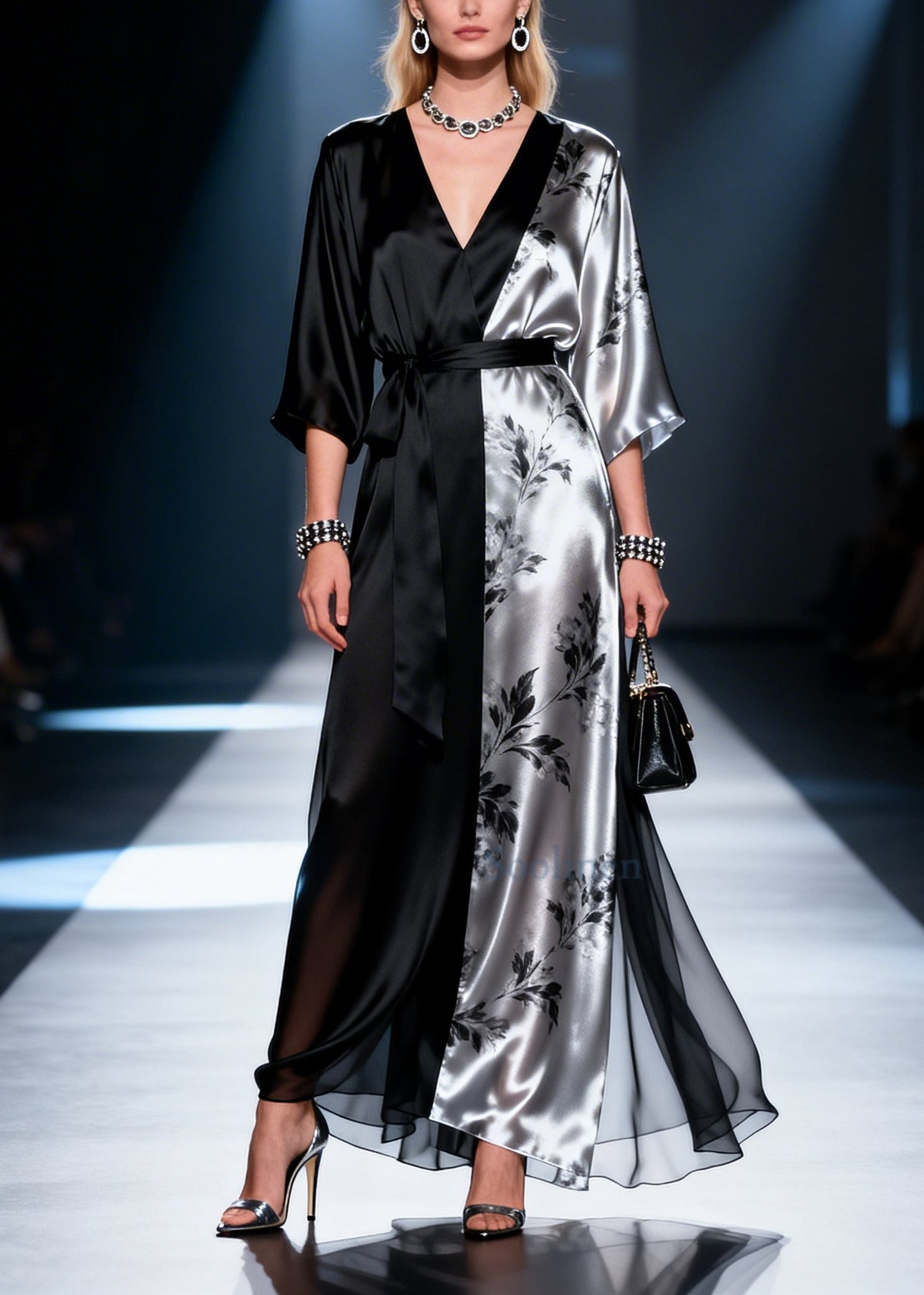 Unique Black Asymmetrical Patchwork Draping Chiffon Tunic Dress Summer