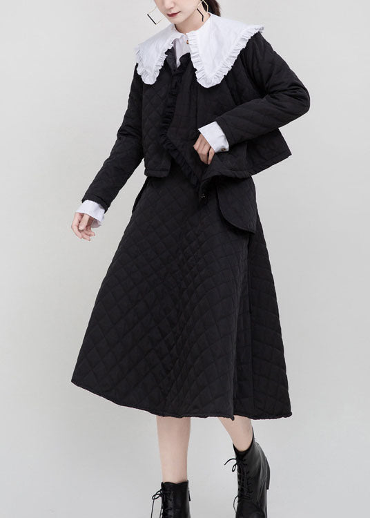 Unique Black Button Patchwork Ruffled Winter Coat Long Sleeve