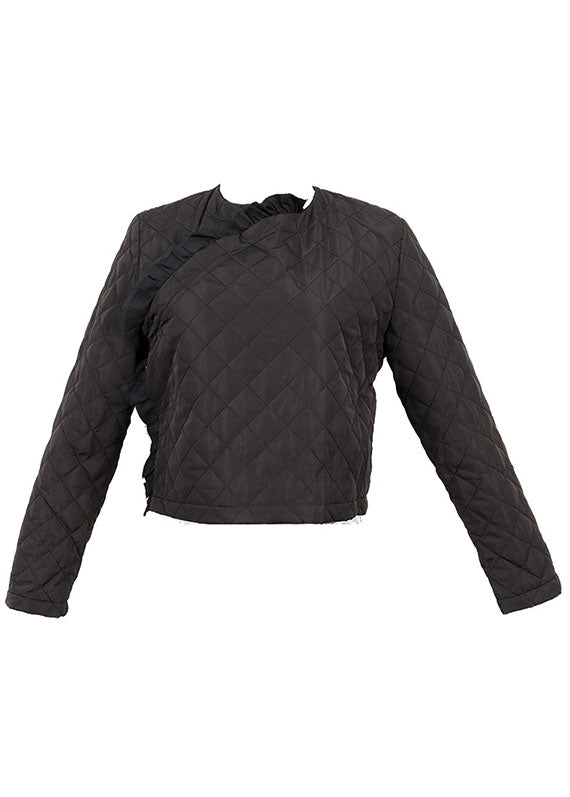 Unique Black Button Patchwork Ruffled Winter Coat Long Sleeve