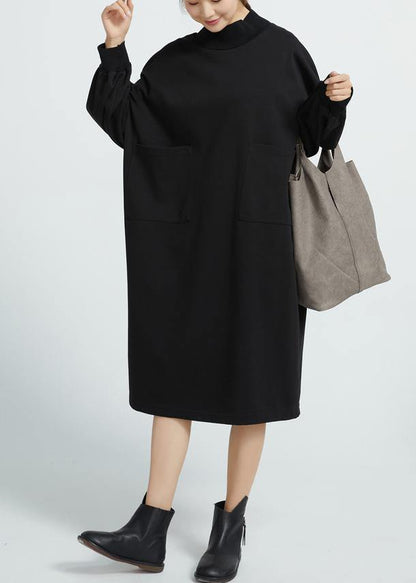 Unique Black Cotton Dresses O Neck Cotton Big Pockets Dresses