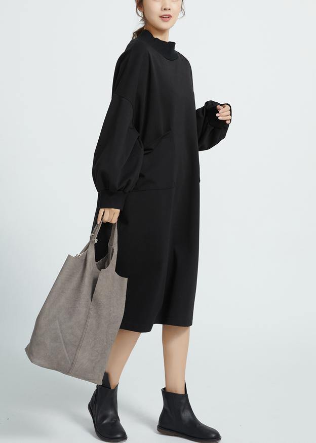 Unique Black Cotton Dresses O Neck Cotton Big Pockets Dresses