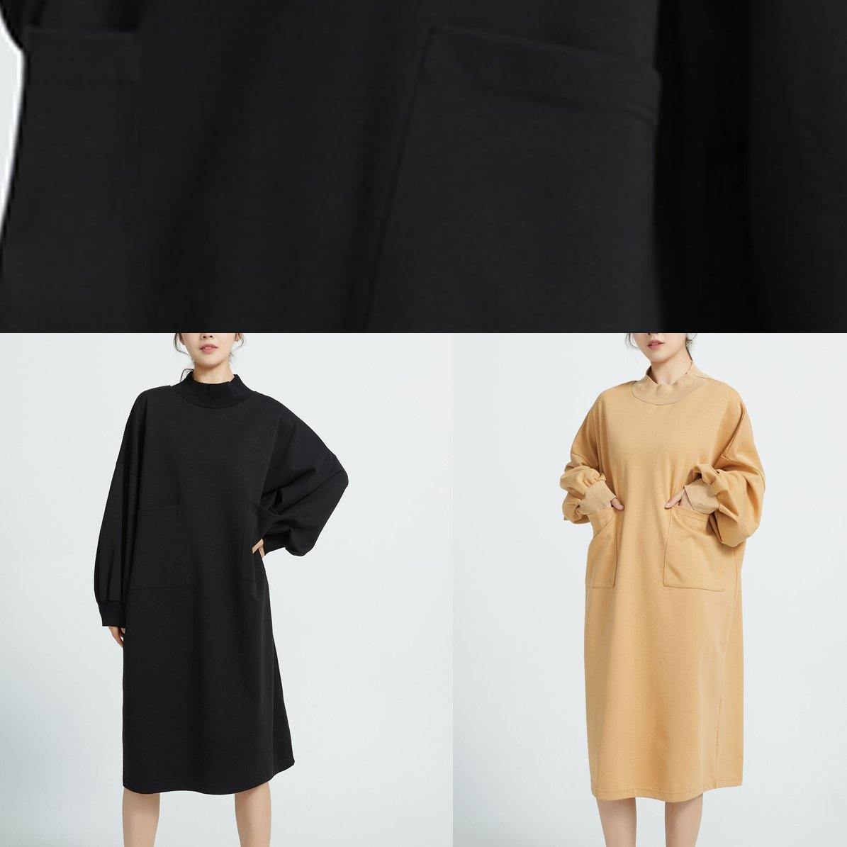 Unique Black Cotton Dresses O Neck Cotton Big Pockets Dresses