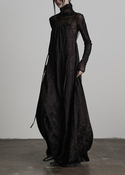 Unique Black Embroidered Lace Up Silk Spaghetti Strap Dress Spring