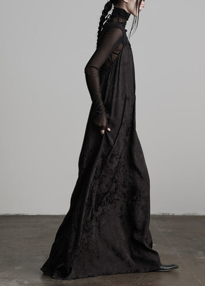 Unique Black Embroidered Lace Up Silk Spaghetti Strap Dress Spring