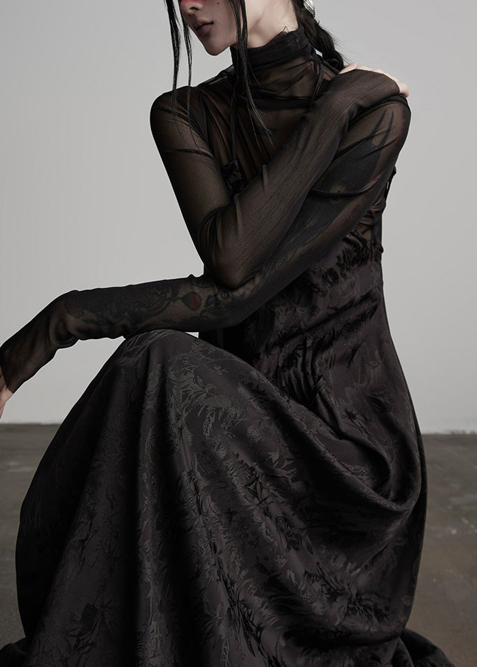 Unique Black Embroidered Lace Up Silk Spaghetti Strap Dress Spring
