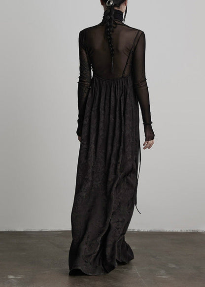 Unique Black Embroidered Lace Up Silk Spaghetti Strap Dress Spring