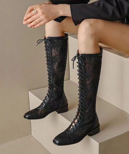 Unique Black Embroidery Tulle Splicing Chunky Boots