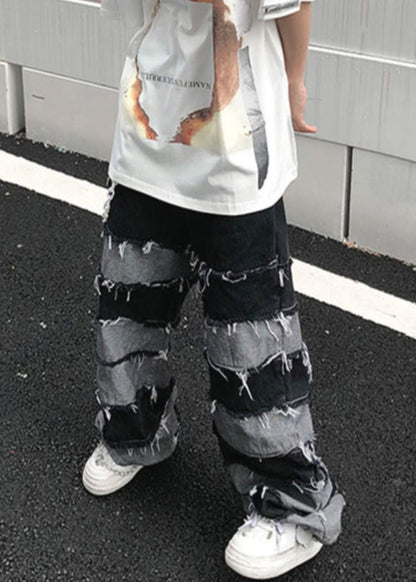Unique Black High Waist Patchwork Denim Pants Summer