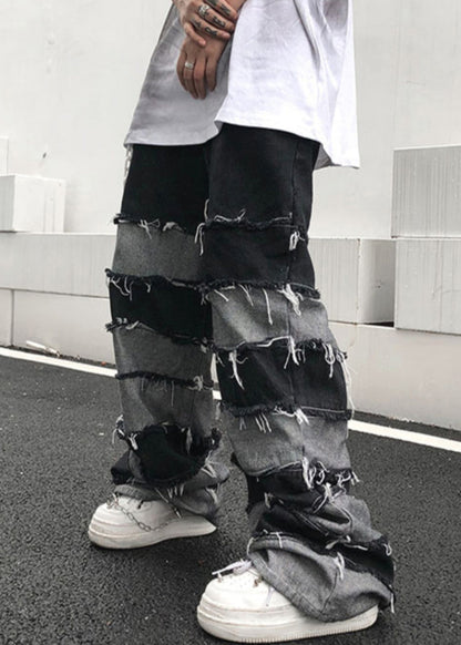Unique Black High Waist Patchwork Denim Pants Summer