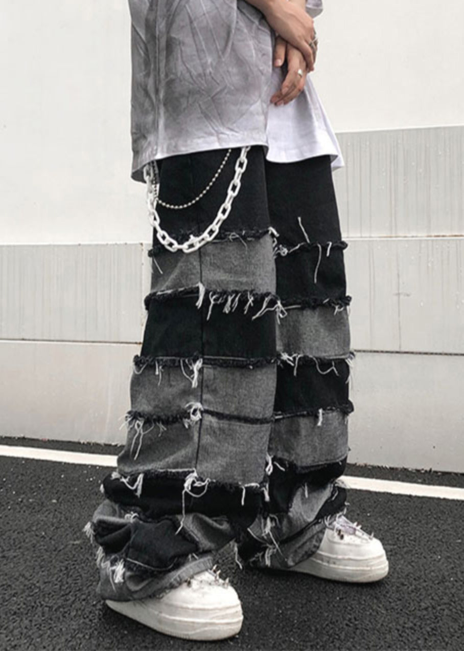 Unique Black High Waist Patchwork Denim Pants Summer