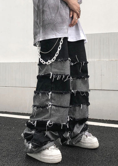 Unique Black High Waist Patchwork Denim Pants Summer