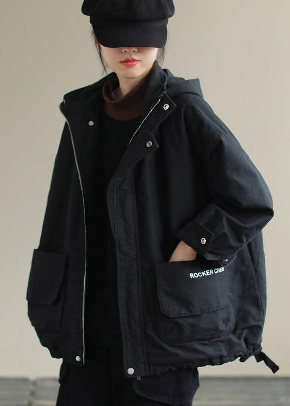 Unique Black Hooded Pockets Winter Cotton Coat Long Sleeve