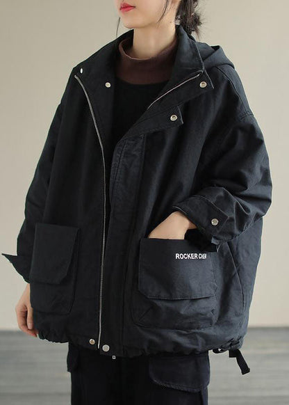 Unique Black Hooded Pockets Winter Cotton Coat Long Sleeve