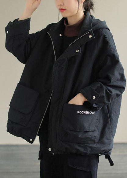 Unique Black Hooded Pockets Winter Cotton Coat Long Sleeve