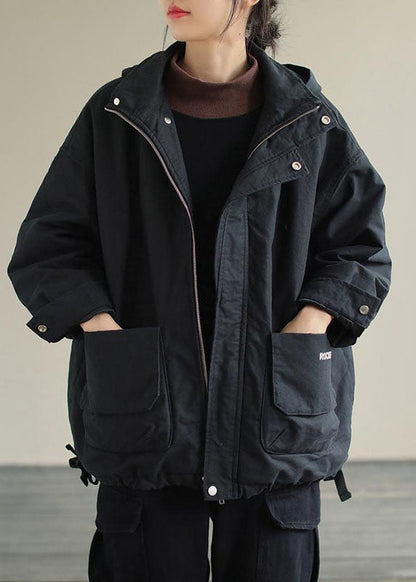 Unique Black Hooded Pockets Winter Cotton Coat Long Sleeve