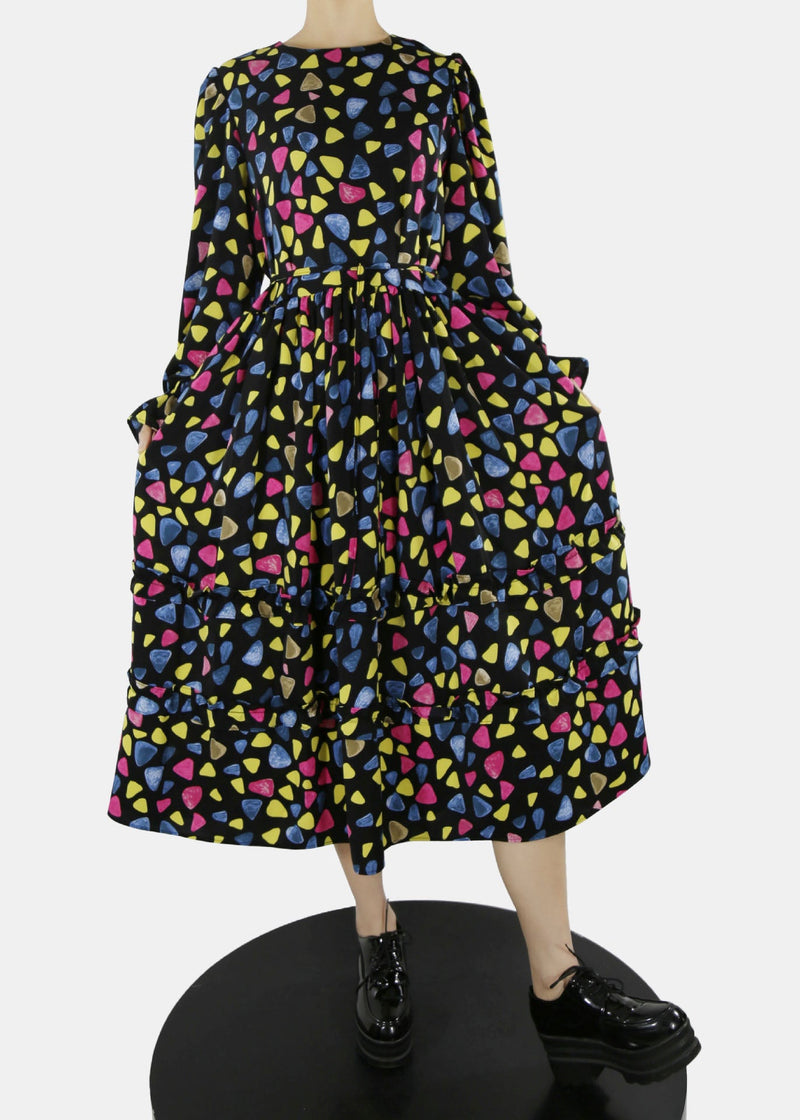 Unique Black O-neck Cinched Print Long Dresses Spring